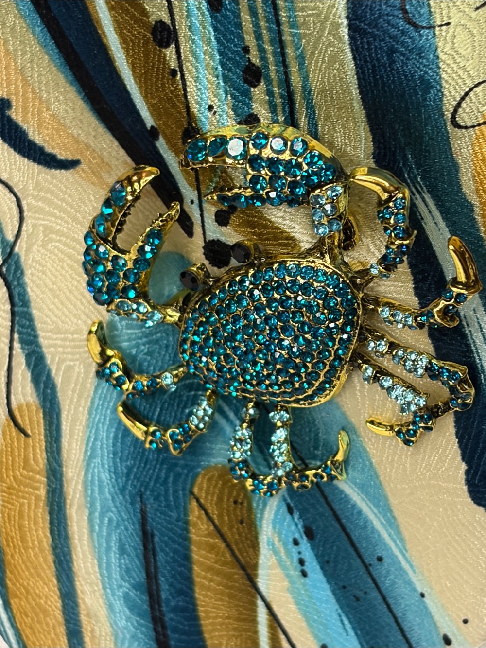 J. Garcia Teal, Blue and Gold Patterned Silk Tie with Crystal Crab Accents - Picture 3 of 4